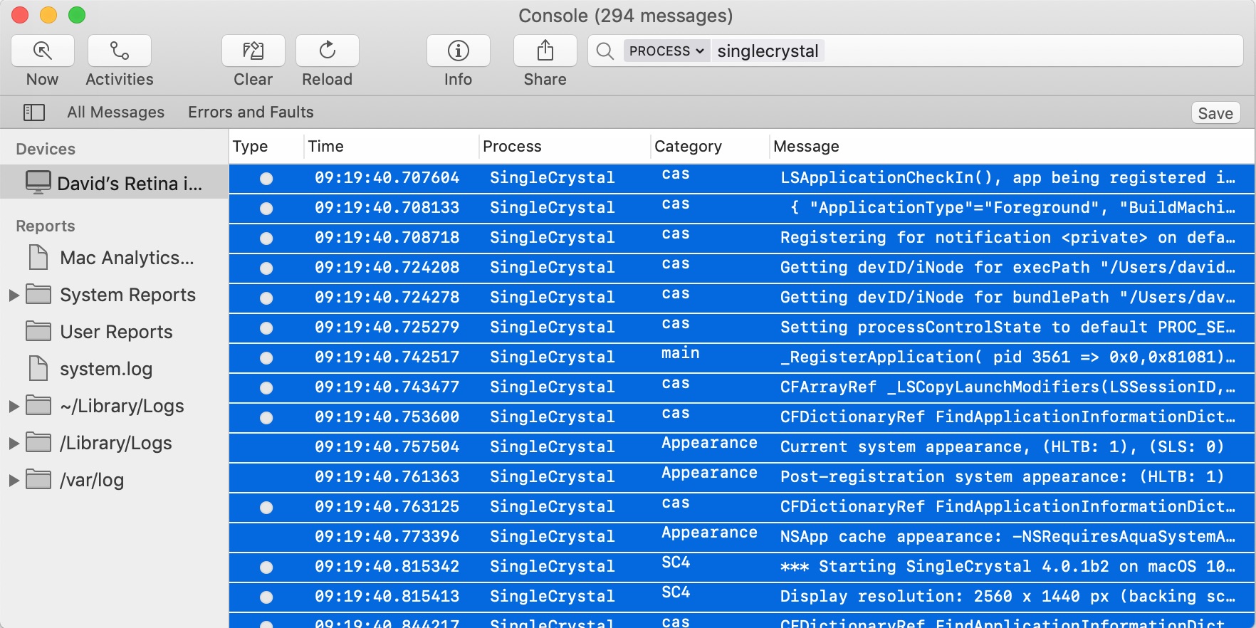 Console with selected output